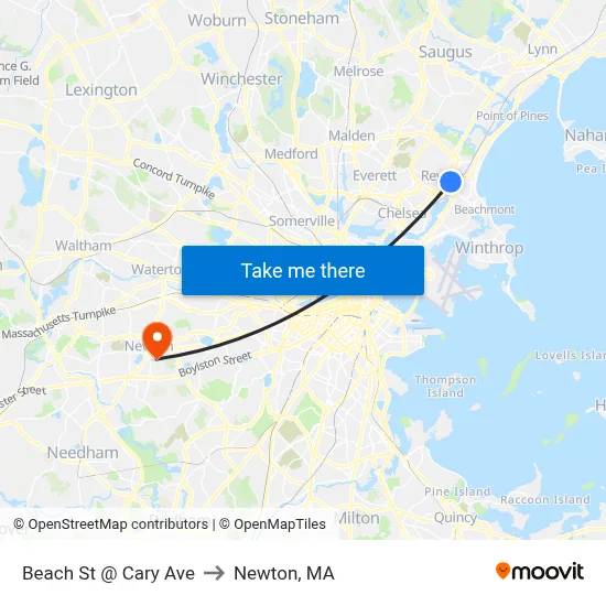 Beach St @ Cary Ave to Newton, MA map