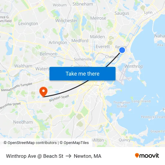 Winthrop Ave @ Beach St to Newton, MA map