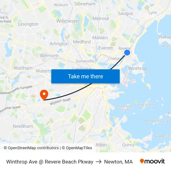Winthrop Ave @ Revere Beach Pkway to Newton, MA map