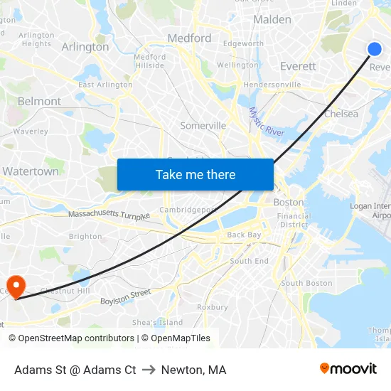 Adams St @ Adams Ct to Newton, MA map
