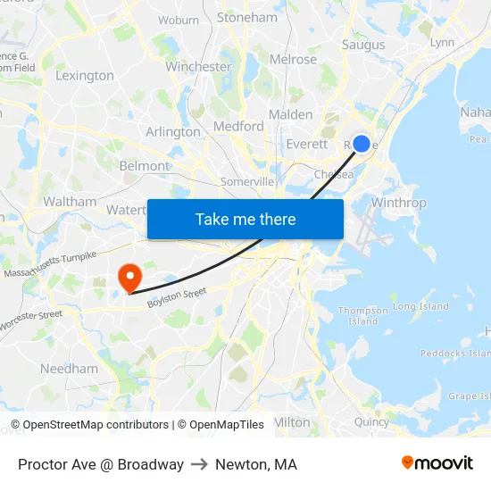 Proctor Ave @ Broadway to Newton, MA map