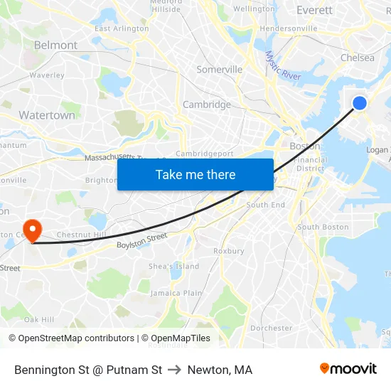 Bennington St @ Putnam St to Newton, MA map