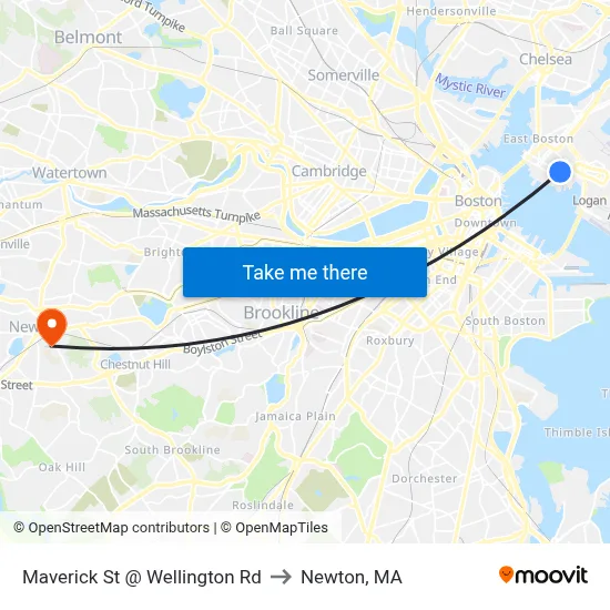 Maverick St @ Wellington Rd to Newton, MA map