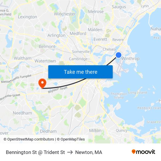 Bennington St @ Trident St to Newton, MA map