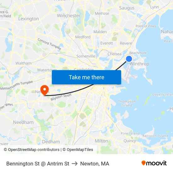 Bennington St @ Antrim St to Newton, MA map