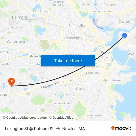 Lexington St @ Putnam St to Newton, MA map