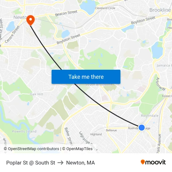 Poplar St @ South St to Newton, MA map