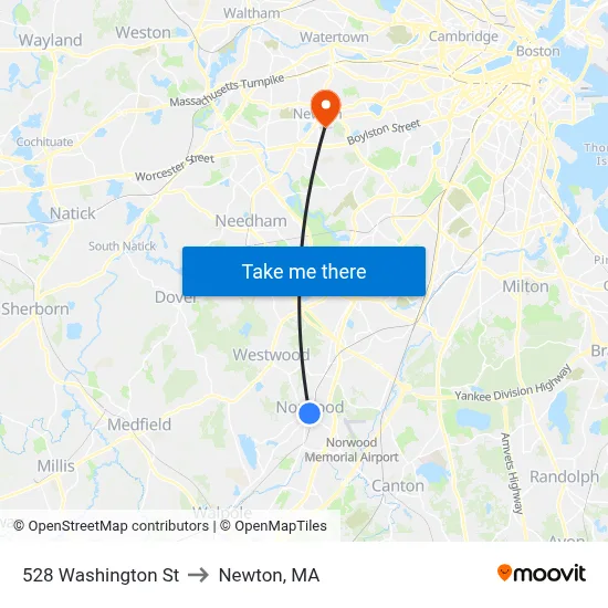 528 Washington St to Newton, MA map