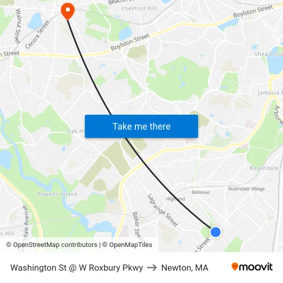 Washington St @ W Roxbury Pkwy to Newton, MA map