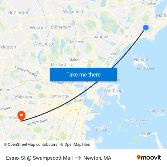 Essex St @ Swampscott Mall to Newton, MA map