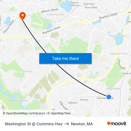Washington St @ Cummins Hwy to Newton, MA map