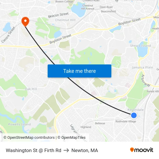 Washington St @ Firth Rd to Newton, MA map