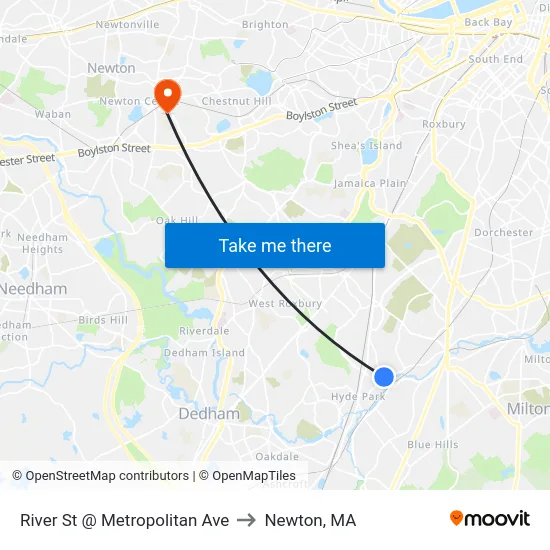 River St @ Metropolitan Ave to Newton, MA map