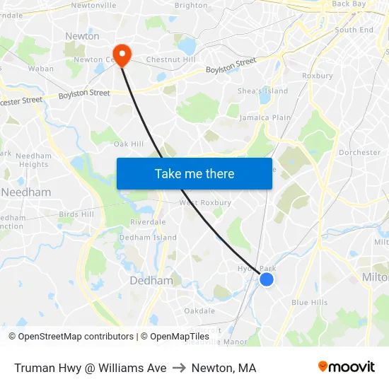 Truman Hwy @ Williams Ave to Newton, MA map
