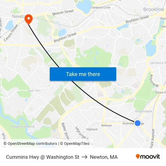 Cummins Hwy @ Washington St to Newton, MA map