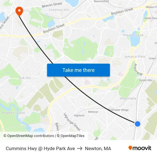 Cummins Hwy @ Hyde Park Ave to Newton, MA map