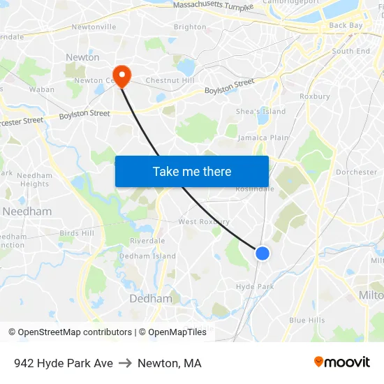 942 Hyde Park Ave to Newton, MA map