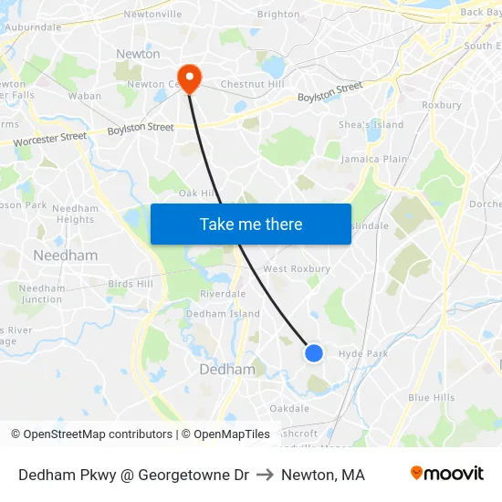 Dedham Pkwy @ Georgetowne Dr to Newton, MA map