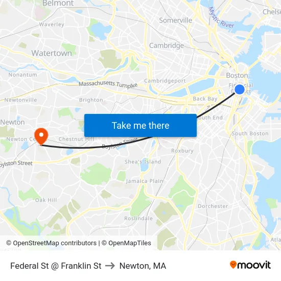 Federal St @ Franklin St to Newton, MA map