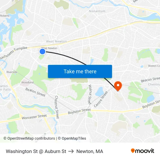 Washington St @ Auburn St to Newton, MA map