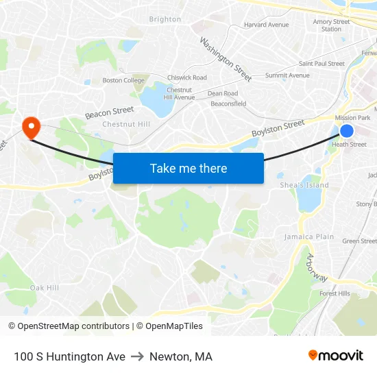 100 S Huntington Ave to Newton, MA map