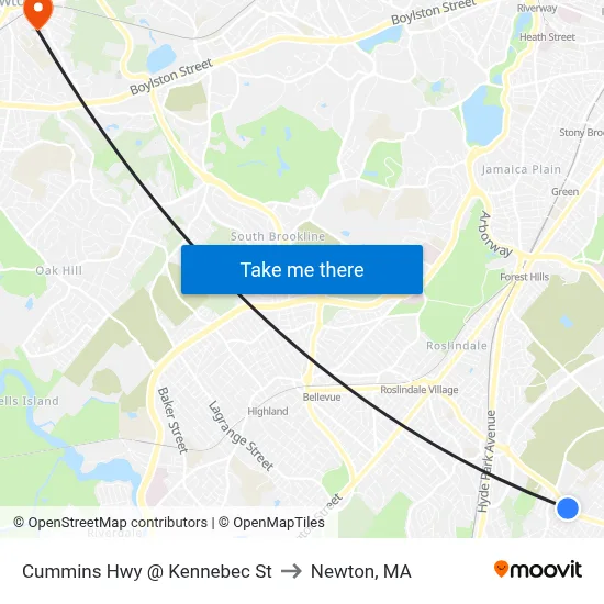 Cummins Hwy @ Kennebec St to Newton, MA map