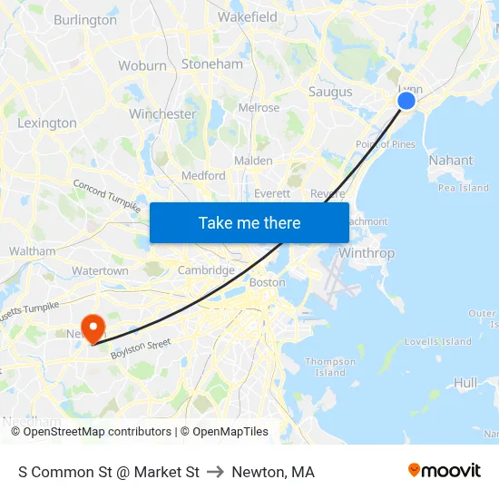 S Common St @ Market St to Newton, MA map