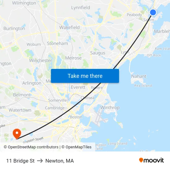 11 Bridge St to Newton, MA map