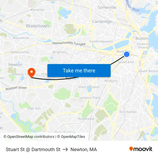 Stuart St @ Dartmouth St to Newton, MA map