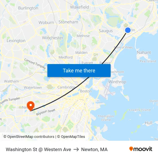 Washington St @ Western Ave to Newton, MA map