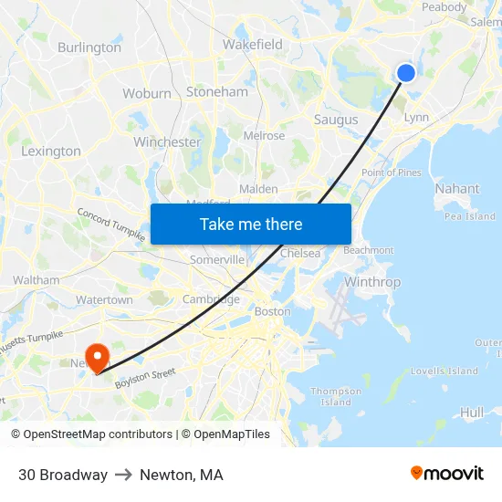 30 Broadway to Newton, MA map