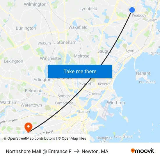 Northshore Mall @ Entrance F to Newton, MA map