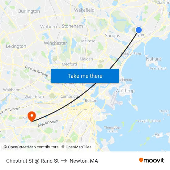 Chestnut St @ Rand St to Newton, MA map