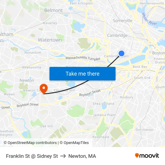 Franklin St @ Sidney St to Newton, MA map