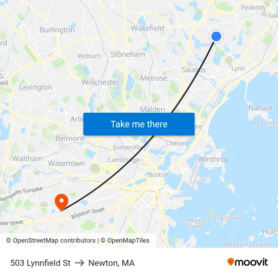 503 Lynnfield St to Newton, MA map