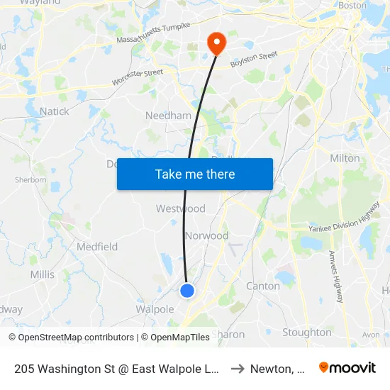 205 Washington St @ East Walpole Loop to Newton, MA map
