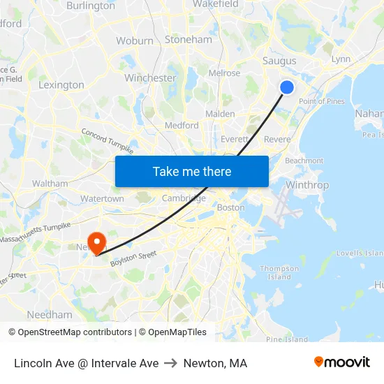 Lincoln Ave @ Intervale Ave to Newton, MA map
