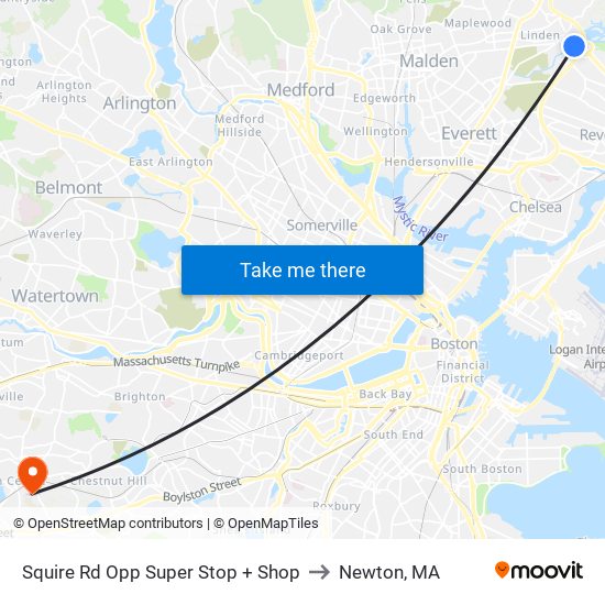 Squire Rd Opp Super Stop + Shop to Newton, MA map