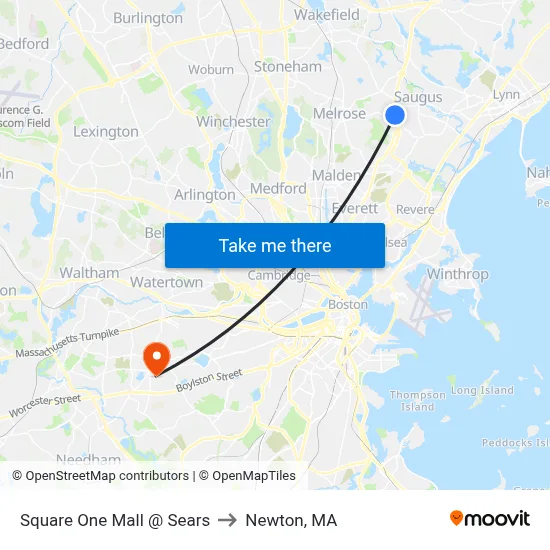 Square One Mall @ Sears to Newton, MA map