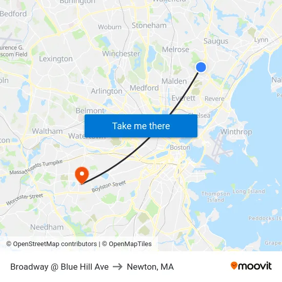 Broadway @ Blue Hill Ave to Newton, MA map
