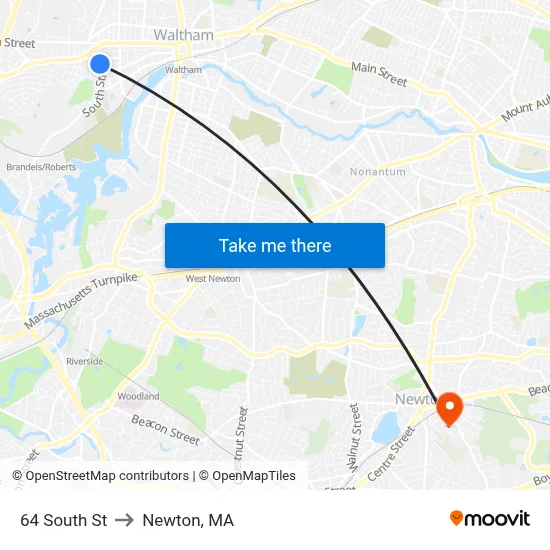 64 South St to Newton, MA map