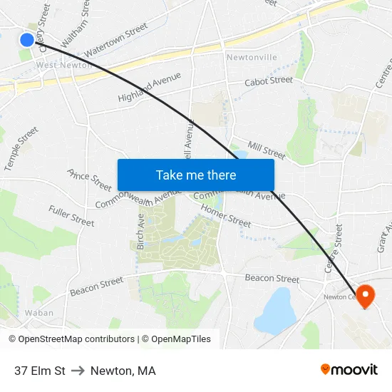 37 Elm St to Newton, MA map