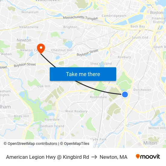 American Legion Hwy @ Kingbird Rd to Newton, MA map