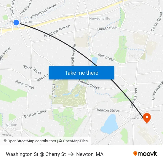 Washington St @ Cherry St to Newton, MA map