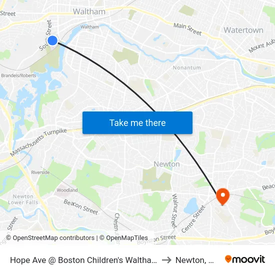 Hope Ave @ Boston Children's Waltham to Newton, MA map