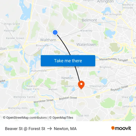 Beaver St @ Forest St to Newton, MA map