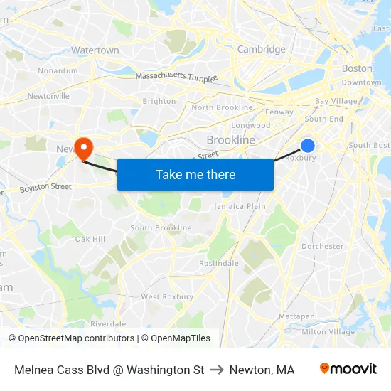 Melnea Cass Blvd @ Washington St to Newton, MA map