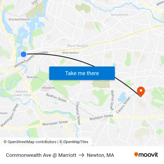 Commonwealth Ave @ Marriott to Newton, MA map