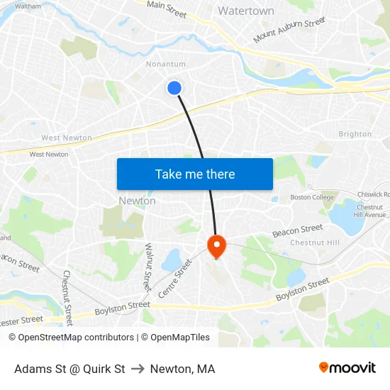 Adams St @ Quirk St to Newton, MA map