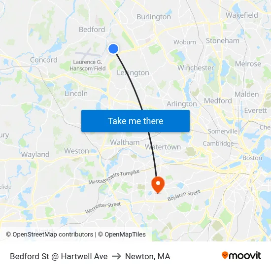 Bedford St @ Hartwell Ave to Newton, MA map